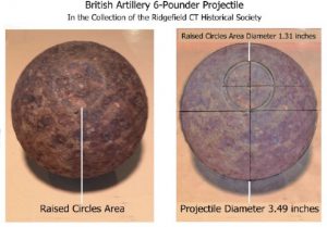 British artillery 6-pounder projectile in the collection of the Ridgefield Historical Society
