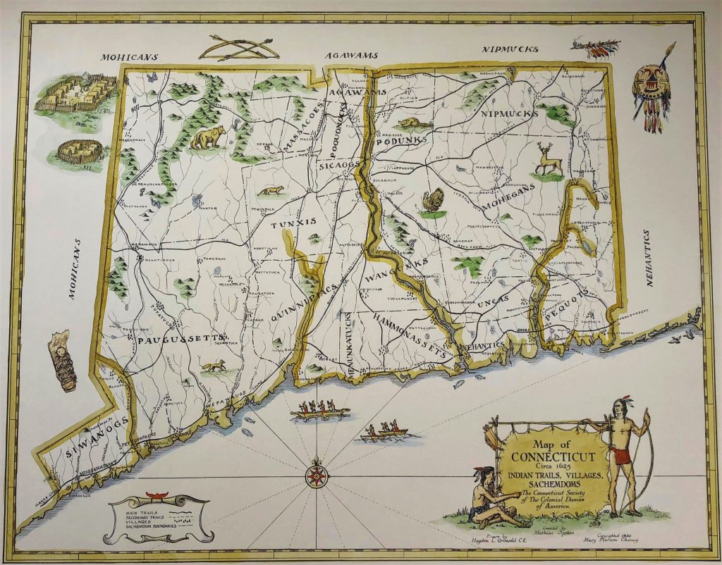 Antique map of Connecticut showing indian trails, villages, sachemdoms